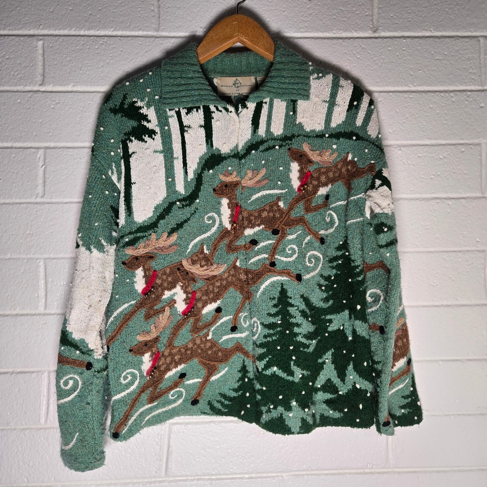 Vtg Design Options Womens Sweater Green Reindeer Forest Beaded Ramie Cotton M